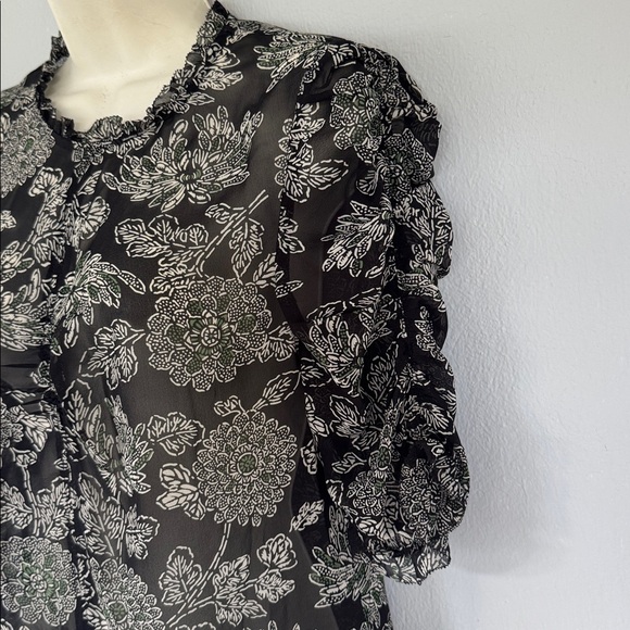 Veronica Beard Natuka black green sheer floral print ruffle trim blouse size 4 - Picture 7 of 16